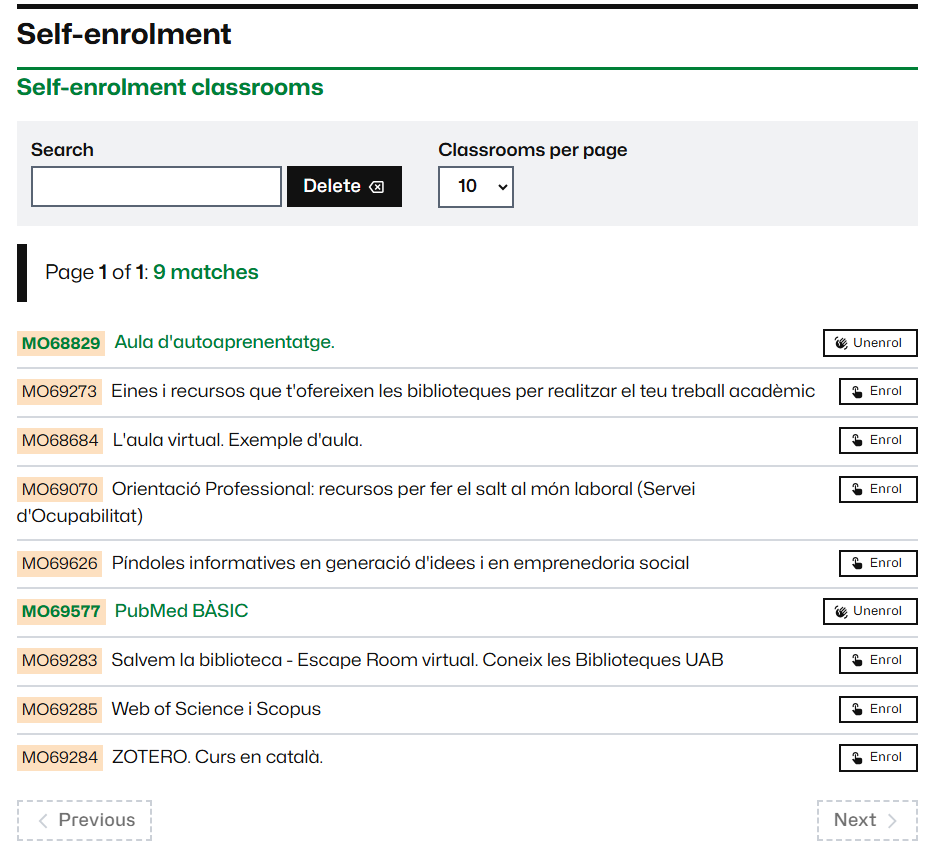 List of classrooms available for self-enrolment