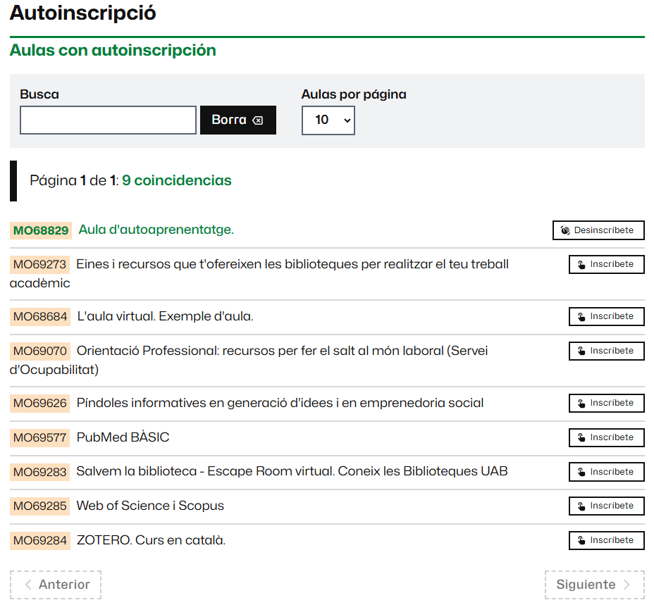 Listado de los espacios con autoinscripción disponibles