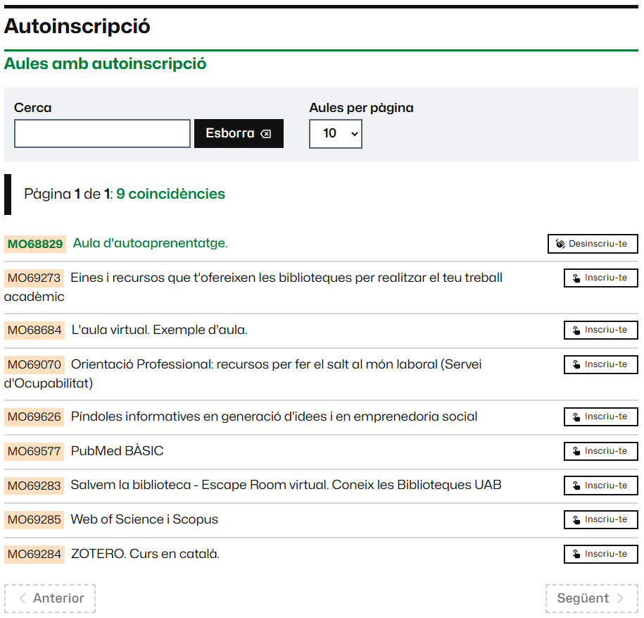 Vista d'aules amb autoinscripció disponibles