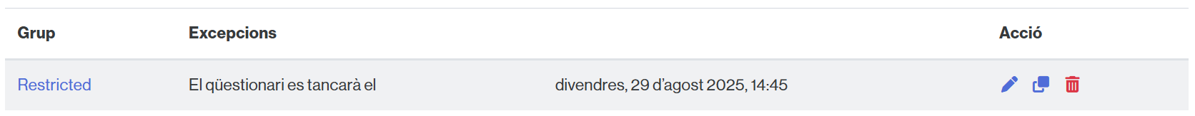 Opcions per editar, duplicar i eliminar una excepció de grup