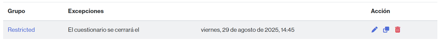 Opciones para editar, duplicar y eliminar una excepción de grupo