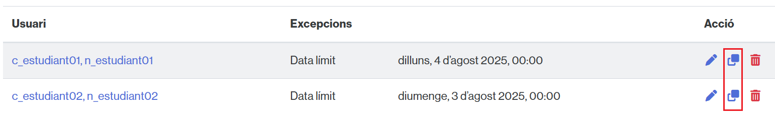 Opció per duplicar una excepció d'usuari