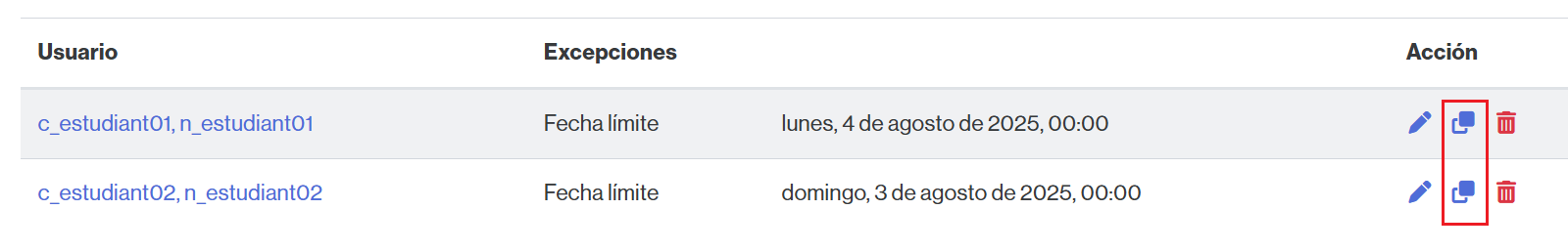 Opción por duplicar una excepción de usuario