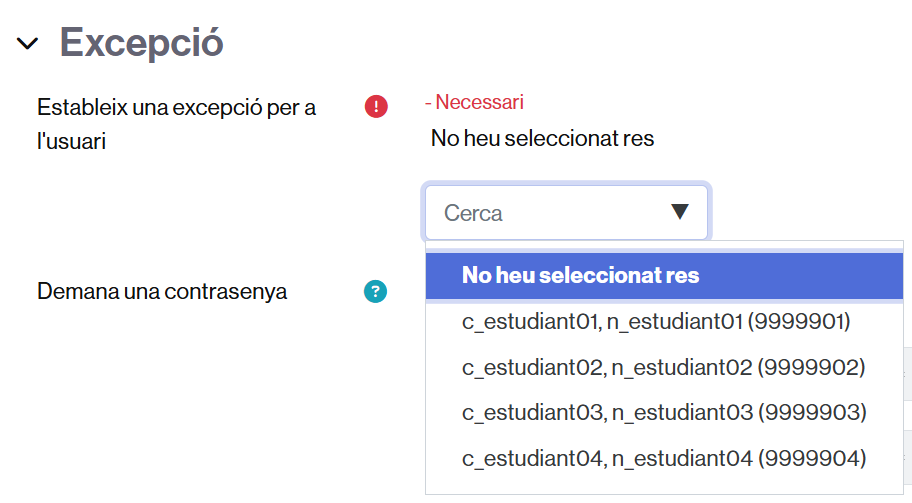 Selecció de persones usuàries per afegir excepcions