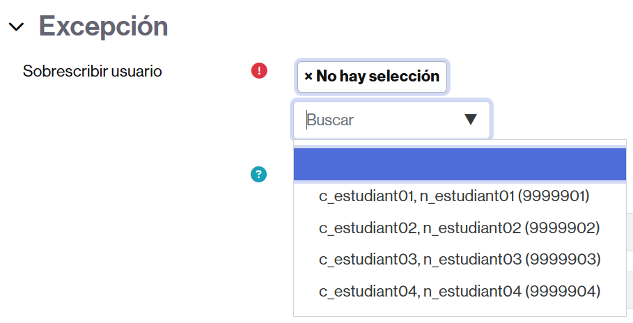 Selección de personas usuarias para añadir excepciones