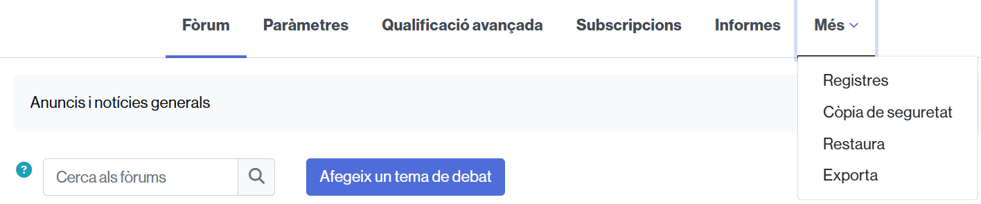 Opcions per cercar i gestionar fòrums. Afegir un debat