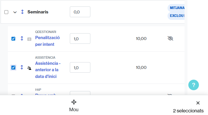 Selecció d'elements de qualificació per moure'ls en bloc a una categoria