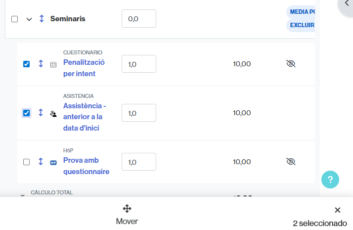 Selección de elementos de calificación para moverlos en bloque a una categoría