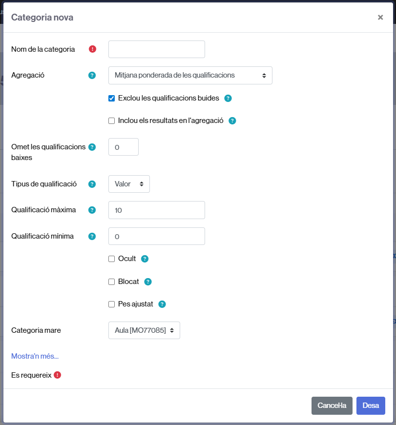 Camps per crear i configurar una categoria