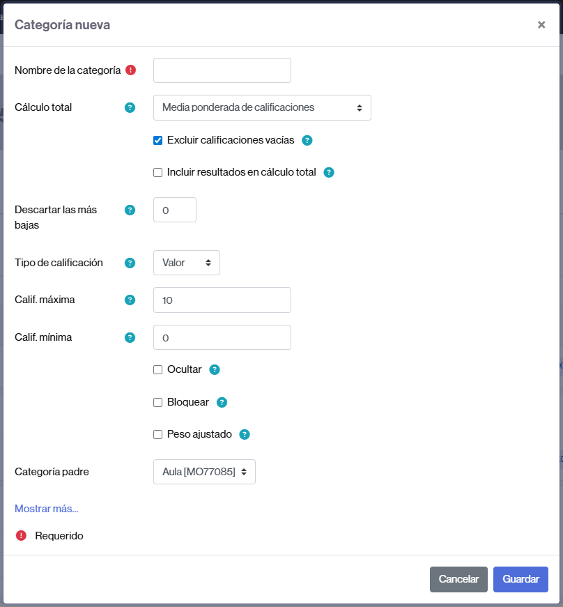 Campos para crear y configurar una categoría