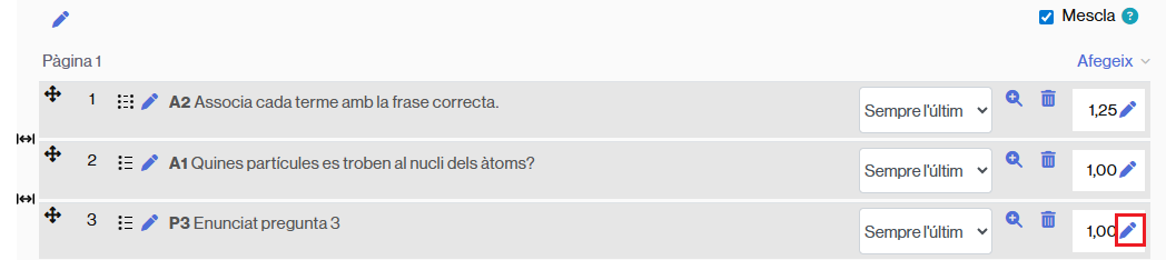 Edició de la puntuació d'una pregunta