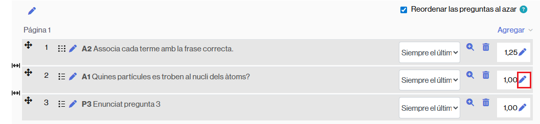 Edición de la puntuación de una pregunta