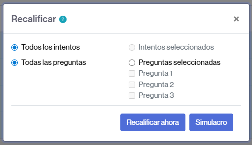 Opciones para recalificar intentos y preguntas de una actividad de cuestionario