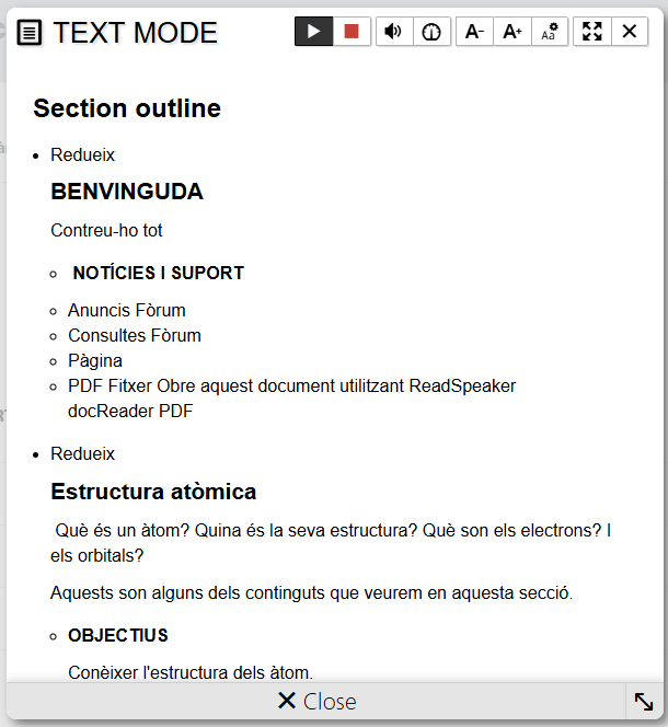 Visualització de la pàgina principal del curs en mode text