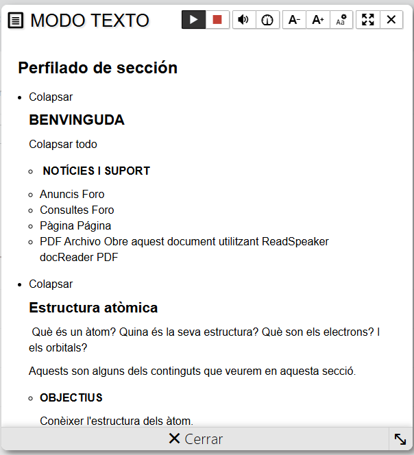 Visualización de la página principal del curso en modo text