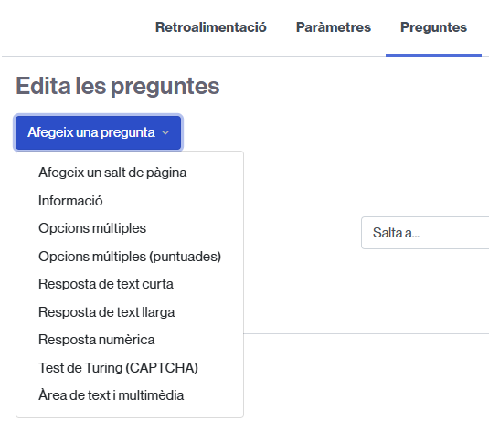 Botó per afegir una pregunta de retroacció i tipus d'elements que es poden afegir