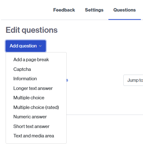 Button to add a feedback question and types of elements that can be added