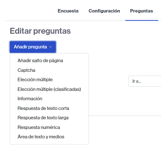 Botón para añadir una pregunta de encuesta y tipos de elementos que se pueden añadir