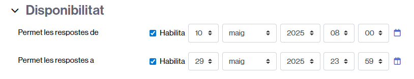 Configuració de la disponibilitat d'una retroalimentació