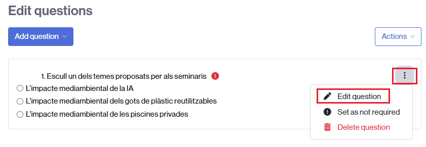 Link to edit and modify a question