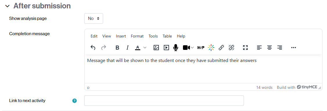 Configuring the message that is displayed once the responses have been sent