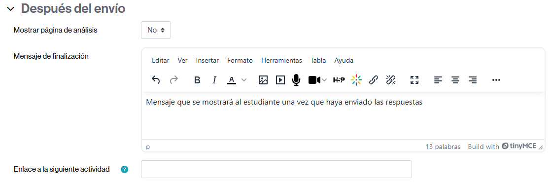 Configuración del mensaje que se visualiza una vez que las respuestas han sido enviadas