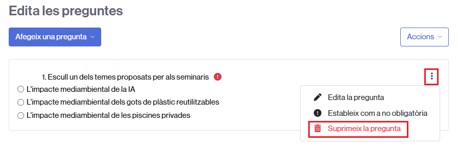 Enllaç per eliminar una pregunta