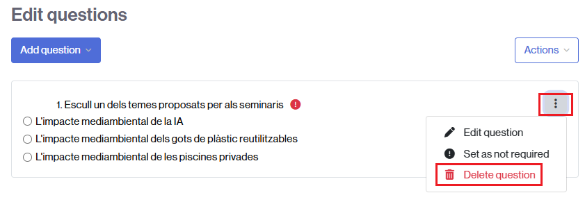 Link to delete a question