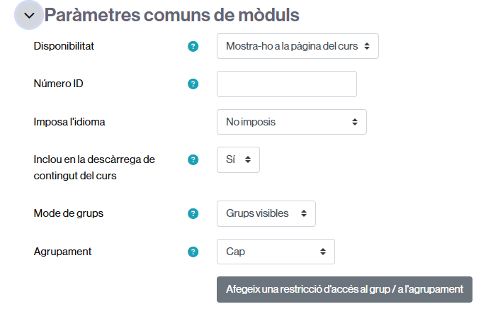 Configuració del tipus de grups i dels grups que podran lliurar