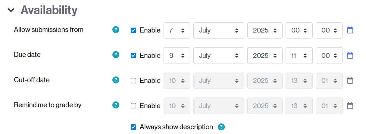options to set the availability of an activity