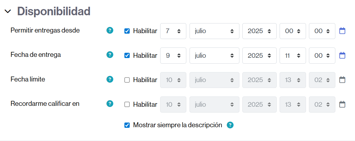 Opciones para configurar la disponibilidad de una actividad