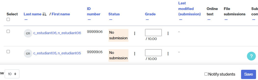Table for quick grading and saving the results