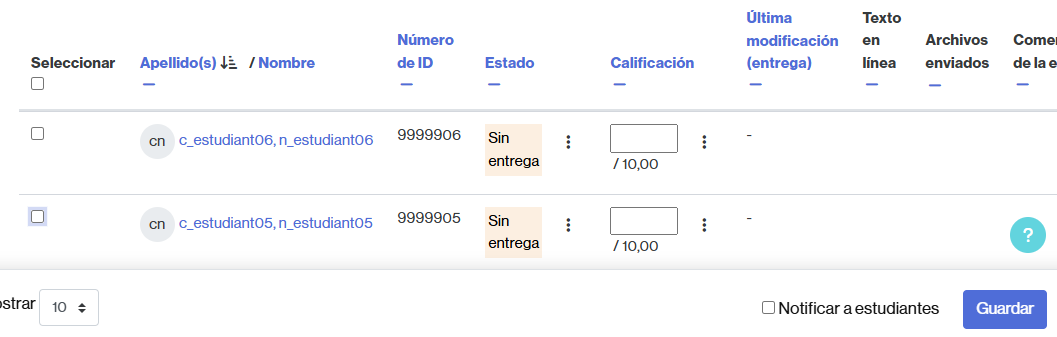 Tabla donde introducir la calificación rápida y guardar los cambios