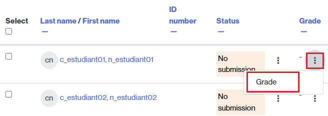 Actions to grade an assignment