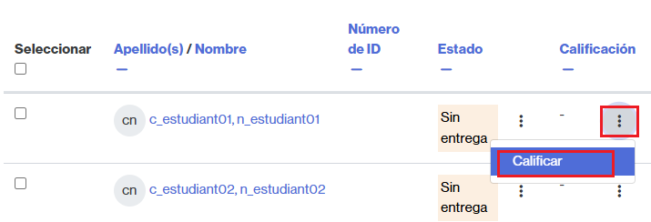 Acciones para calificar una entrega