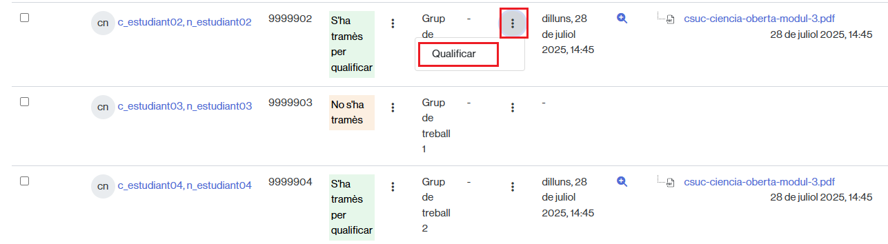 Botó per qualificar un treball grupal d'una tasca