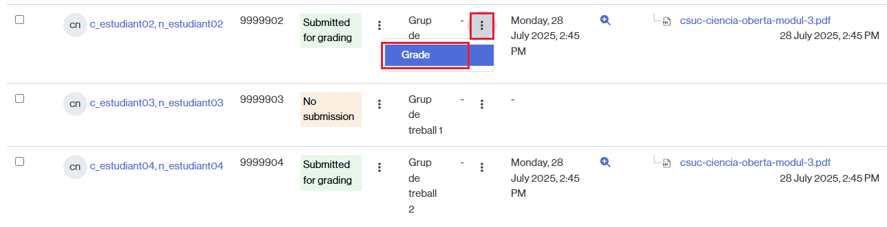 Button to grade a group assignment