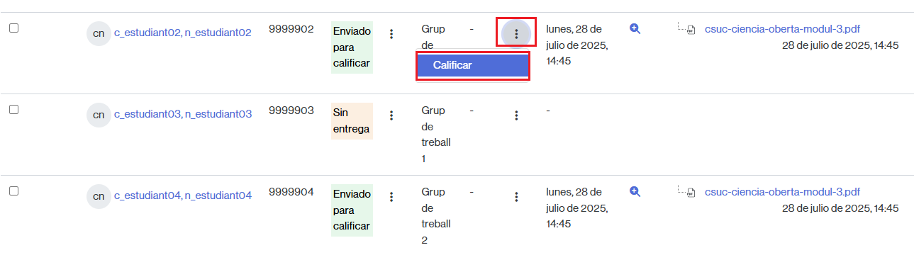 Botón para calificar un trabajo grupal de una tarea