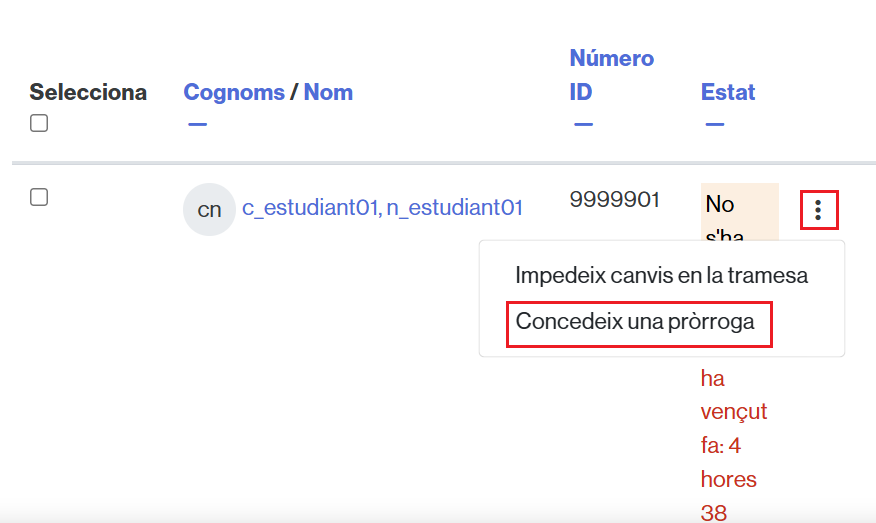 Opcions per concedir una pròrroga a un/a estudiant