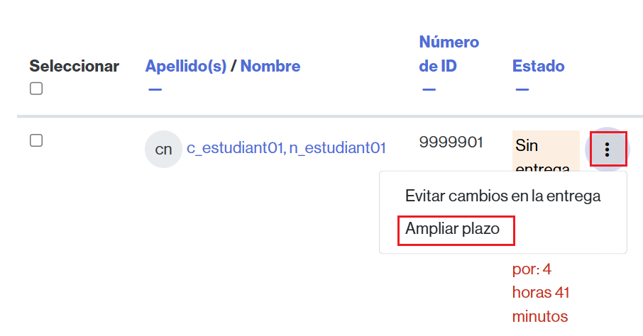 Opciones para concedir una prórroga a un/a estudiante