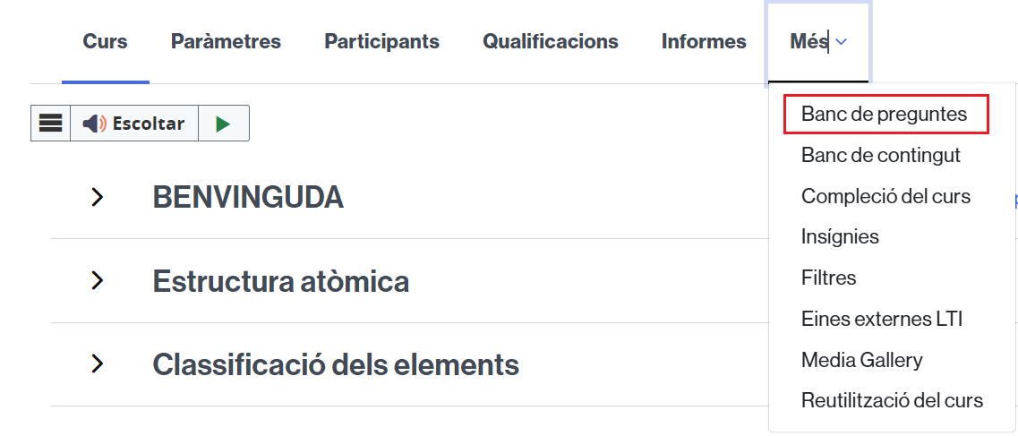 Menú per accedir al Banc de preguntes de l'aula