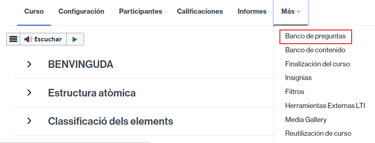 Menú para acceder al Banco de preguntas del aula