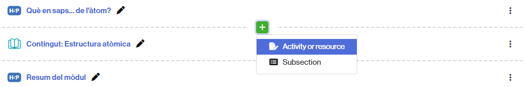 Button to add an activity or a resource in the classroom