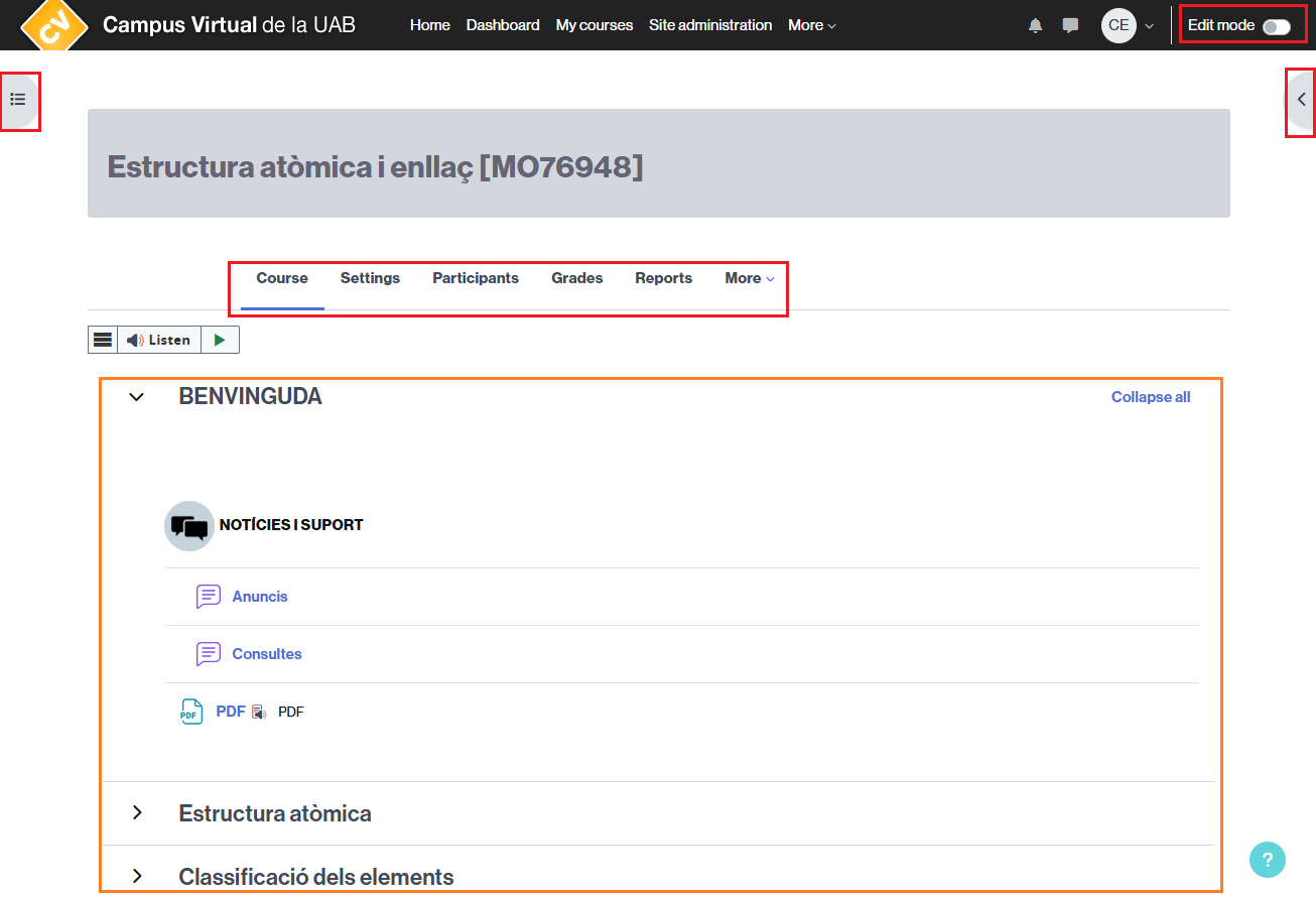 General view of moodle classroom in Campus Virtual