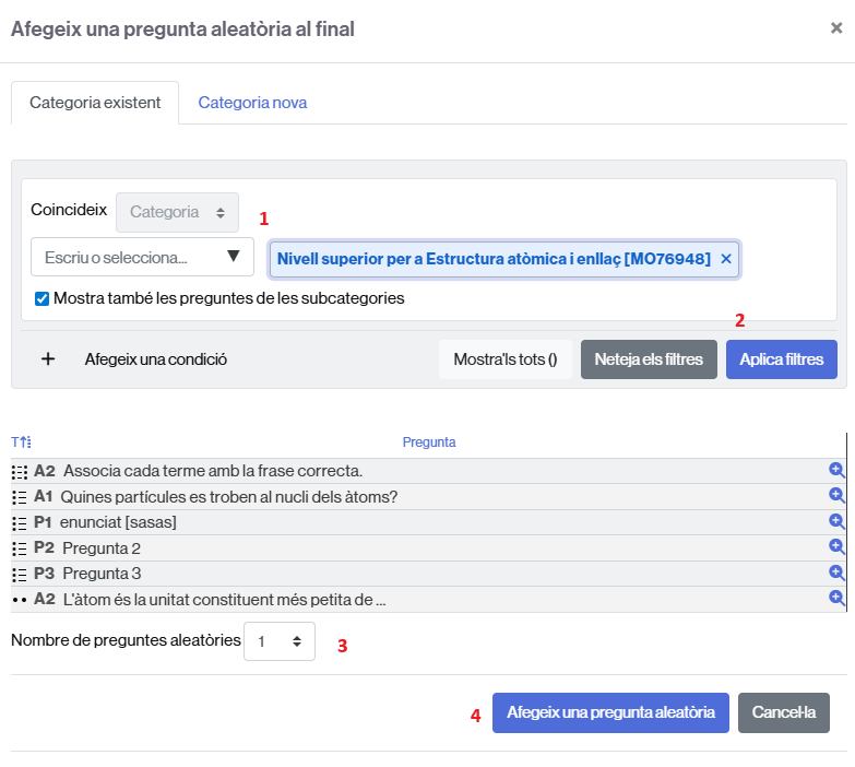 Finestra emergent per afegir preguntes aleatòries a un qüestionari