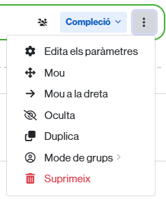 Opcions d'edició d'una activitat/recurs des de l'aula