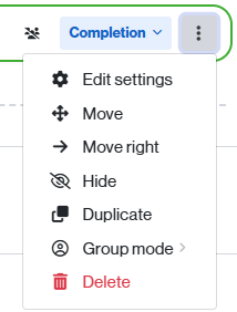 Editing options for an activity/resource from the classroom