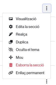 Menú d'accions d'una secció, des de l'aula