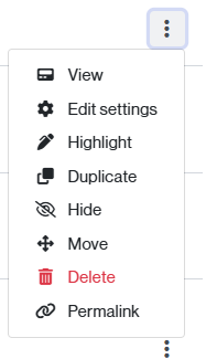 Actions menu for a section, from the classroom