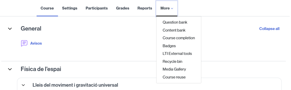 Main navigation menu in the classroom